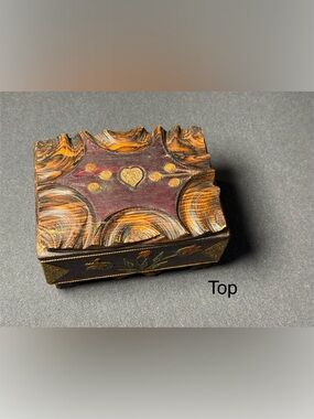 Vintage Hand Carved Wooden Trinket Box Asian Lacquer Jewelry Box 5.5”